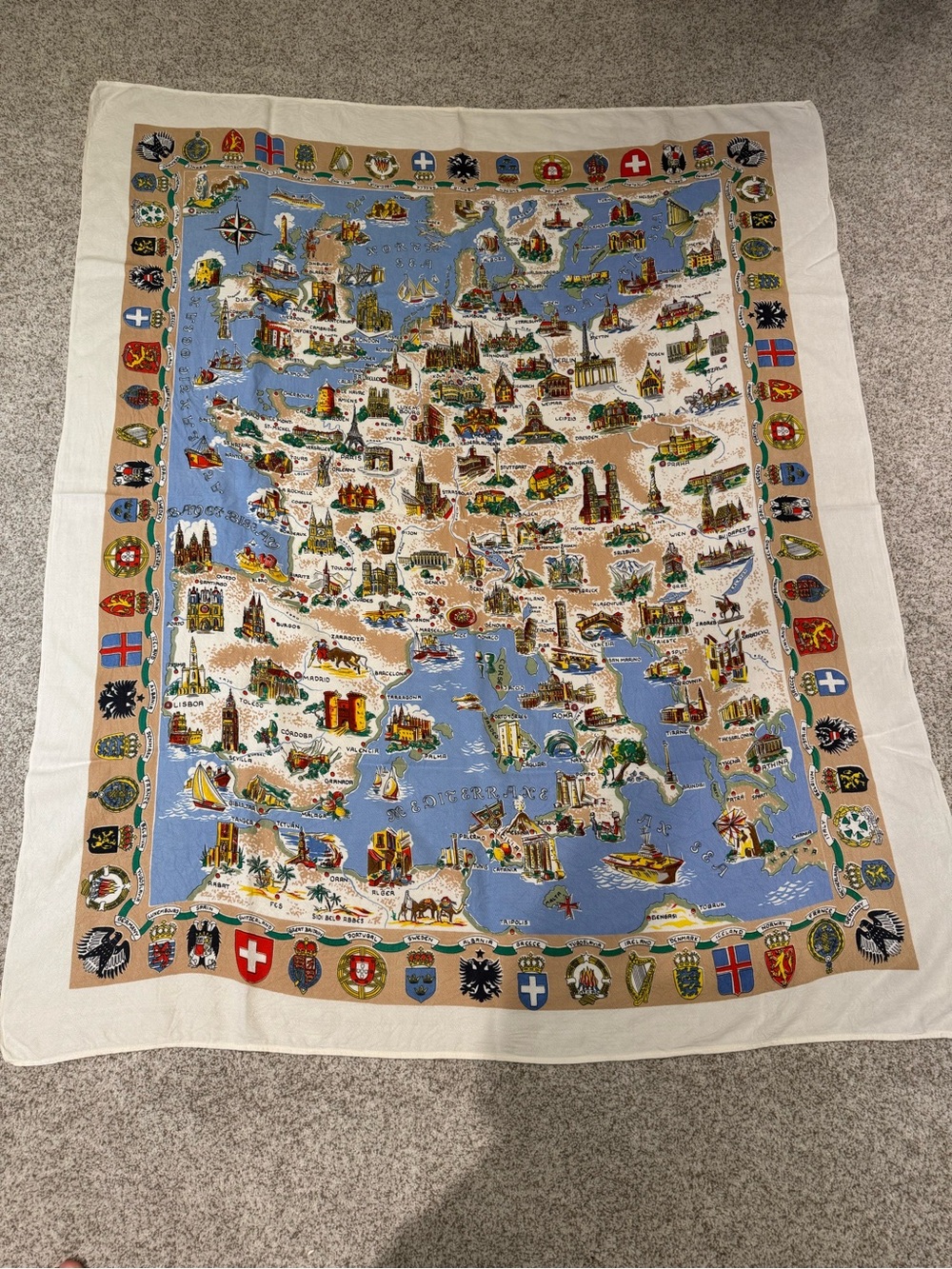 Vintage Map of Europe Linen Scarf Tapestry Wall Hanging Crests